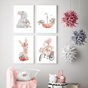 4er Set Poster je 40x50 Hasenfamilie Hasen Kanninchen Dekoration Hasenbaby  Kinderzimmer Dekoration Jungen Mädchen Deko Wanddekoration