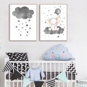 Juego de carteles de elefantes en las nubes, juego de 2 A4, 21x30, nubes blancas y negras, estrellas, habitación de niñas, habitación de niños, decoración del hogar, lienzo