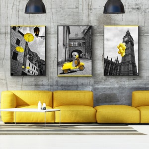 3-piece poster set, 21x30 cm, minimalist design, yellow and black, wall decoration, umbrellas, church, scooter, art print, canvas, modern decoration, balloons