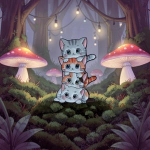 Op de afbeelding: Een illustratie van drie cartoonkatten, de ene bovenop de andere, in een bos. De katten zijn grijs, oranje en wit. Grote rode en witte paddenstoelen en lichtslingers zijn ook zichtbaar, wat een magische sfeer creëert.