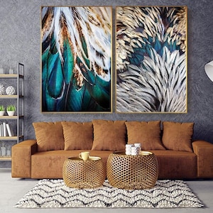 Wall decoration poster 40x60 each set of 2 peacock feathers turquoise green blue feather decoration minimalism art decoration home decoration home