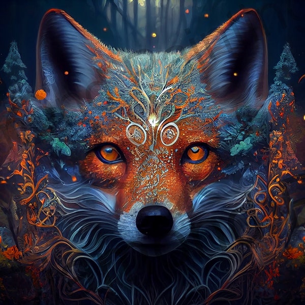 Diamond Painting 40 x 30 cm Fantasy Fox Mystery Fox Colorful Fox in Fantasy Forest Green Blue Square Stones Full Pictures Hobby Crafts