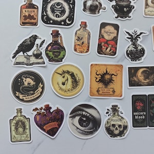 Könnte beinhalten: Eine Sammlung von Aufklebern mit mystischem Thema. Designs umfassen Zaubertränke, einen Raben, eine Meerjungfrau, ein Einhorn und ein detailliertes Auge. Die Farbpalette umfasst Braun-, Lila-, Grün- und Schwarztöne, mit Vintage-Ästhetik.