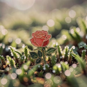 Könnte beinhalten: Ein detaillierter Emaille-Anstecker einer roten Rose mit goldenen Verzierungen und grünen Blättern. Die Rose ist vor einem verschwommenen Hintergrund aus grünem Laub und Bokeh platziert, was eine natürliche und elegante Ästhetik erzeugt.