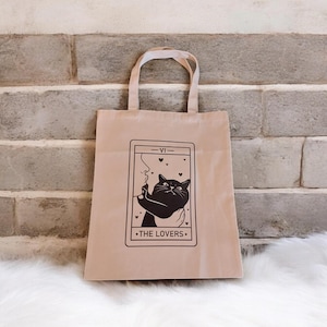 Big Canvas Tasche  The Lovers When you love your kitty more then she does Schwarze Katze Beige Crazy Cat Lady Lover Cute Jutetasche