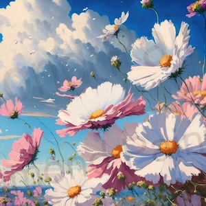 Pintura de diamante 40x30 Prado de flores Tu nombre Margaritas en el viento Flores rosas Cielo azul Romántico Cuadrado Piedras Imágenes completas Pasatiempo