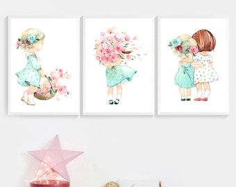 3er Set Poster A4 21x30cm Kinderzimmer Geschwister Beste Freundinnen Blondie Brownie Best friends Blumenmädchen Wohndeko Wanddeko Wohndeko