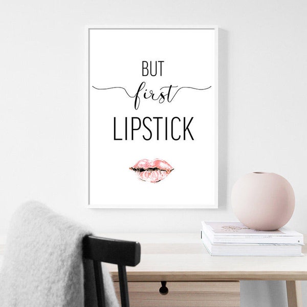 Poster Lippenstift But First Lipstick Mode Kussmund A4 21x30cm Canvas Bilder Deko Wanddeko Wohndekoration Canvas Drucke Home Deko