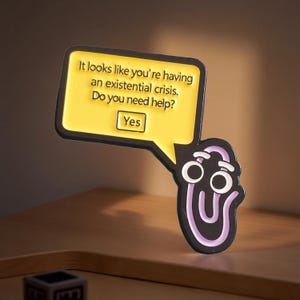 Peut inclure: Un accessoire de bureau en forme de trombone avec une bulle de dialogue. La bulle de dialogue jaune a un bord noir et le texte : "On dirait que vous faites une crise existentielle. Avez-vous besoin d'aide ? Oui."