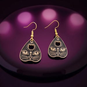 Pendientes con forma de gato negro inspirados en la tabla de ouija, cara de gato, accesorios de luna, murciélagos, joyería mágica de brujas, pendientes de botón de luna, accesorio de fiesta gótico