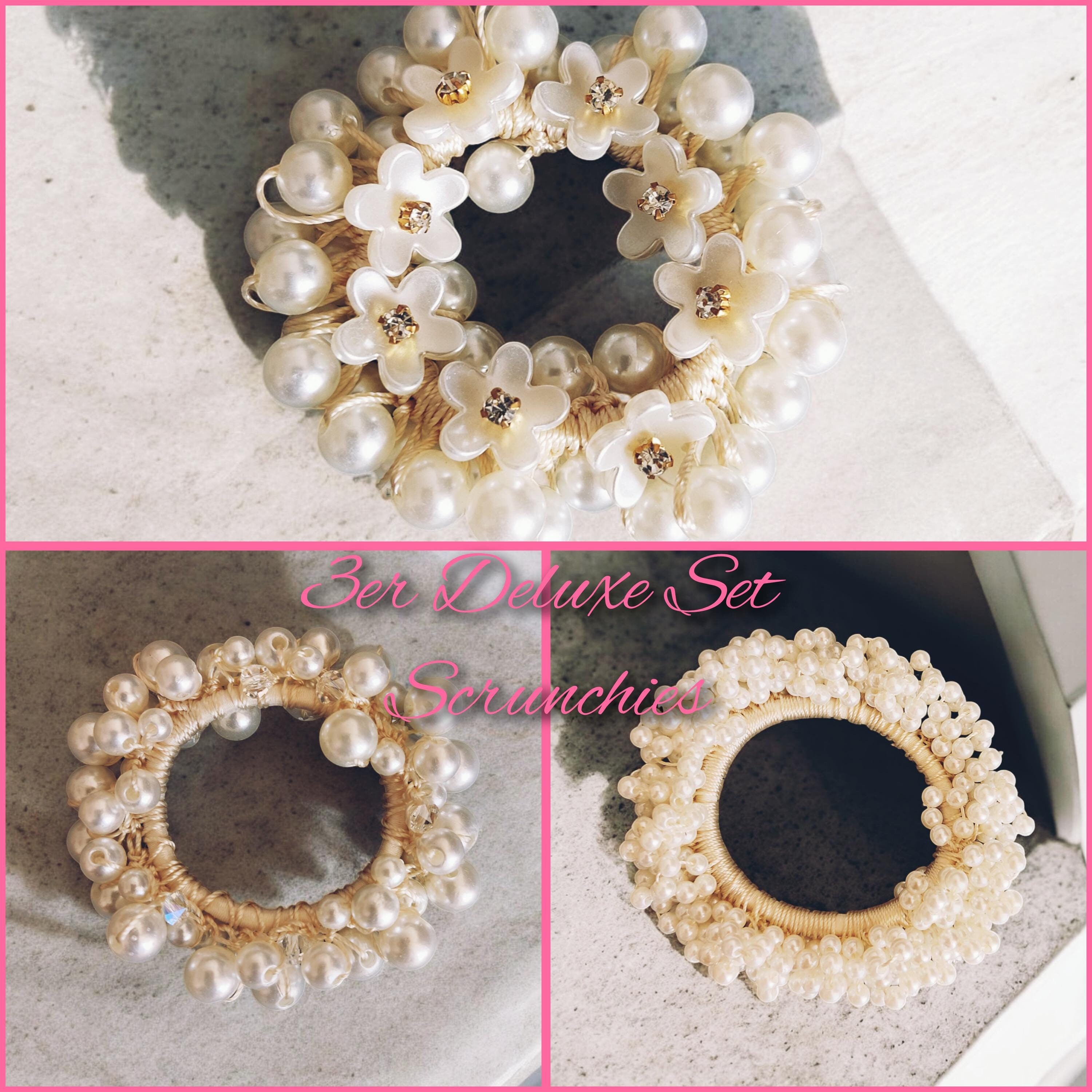 Deluxe Pearl Scrunchies, Set of 3, Flowers With Rhinestones  display picture 2