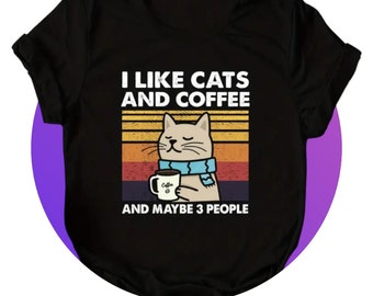 T Shirt Print i like cats and coffee Mode Freizeit  S bis L weiß lustiges Shirt Oberteil Trend Shirt basic casual