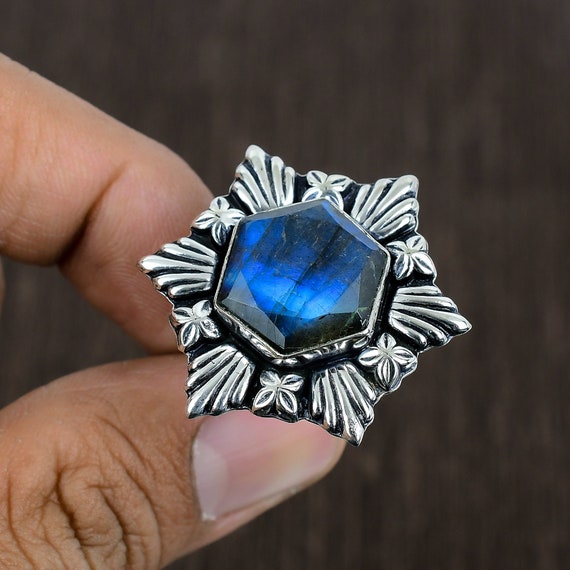 Oxidized Sterling Silver Labradorite Ring - Boho Statement Ring (Size 8.5 US)