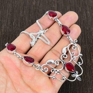 Ethnic Solid 925 Starling Silver Necklace, Ruby Necklace, Tribal Necklace Jewelry, Gift For Mom, Fine Jewelry, Birth Gift Necklace