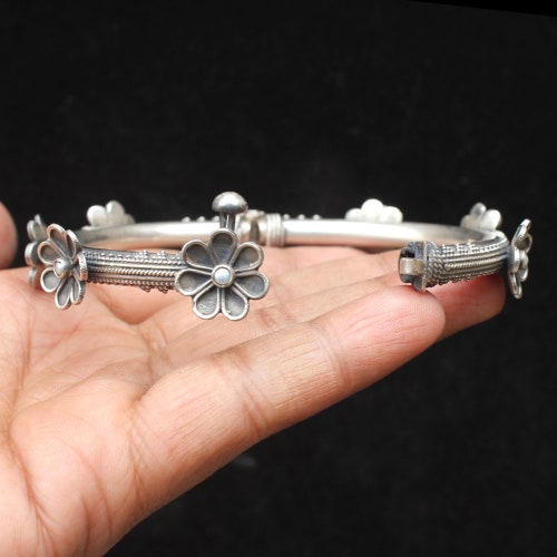 Ethnic shops Pearl Bangle, 925 Starling Silver, Vintage Look Bangle, Handmade Flower Design, Tribal Jewelry, Bracelet Bangle, Festival Gift Bangle