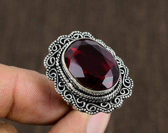 Anillo de granate en plata de ley oxidada - Anillo bohemio con estilo, talla 8.5