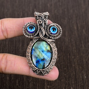 Handmade Copper Wire Owl Pendant: Blue Labradorite Gemstone Jewelry