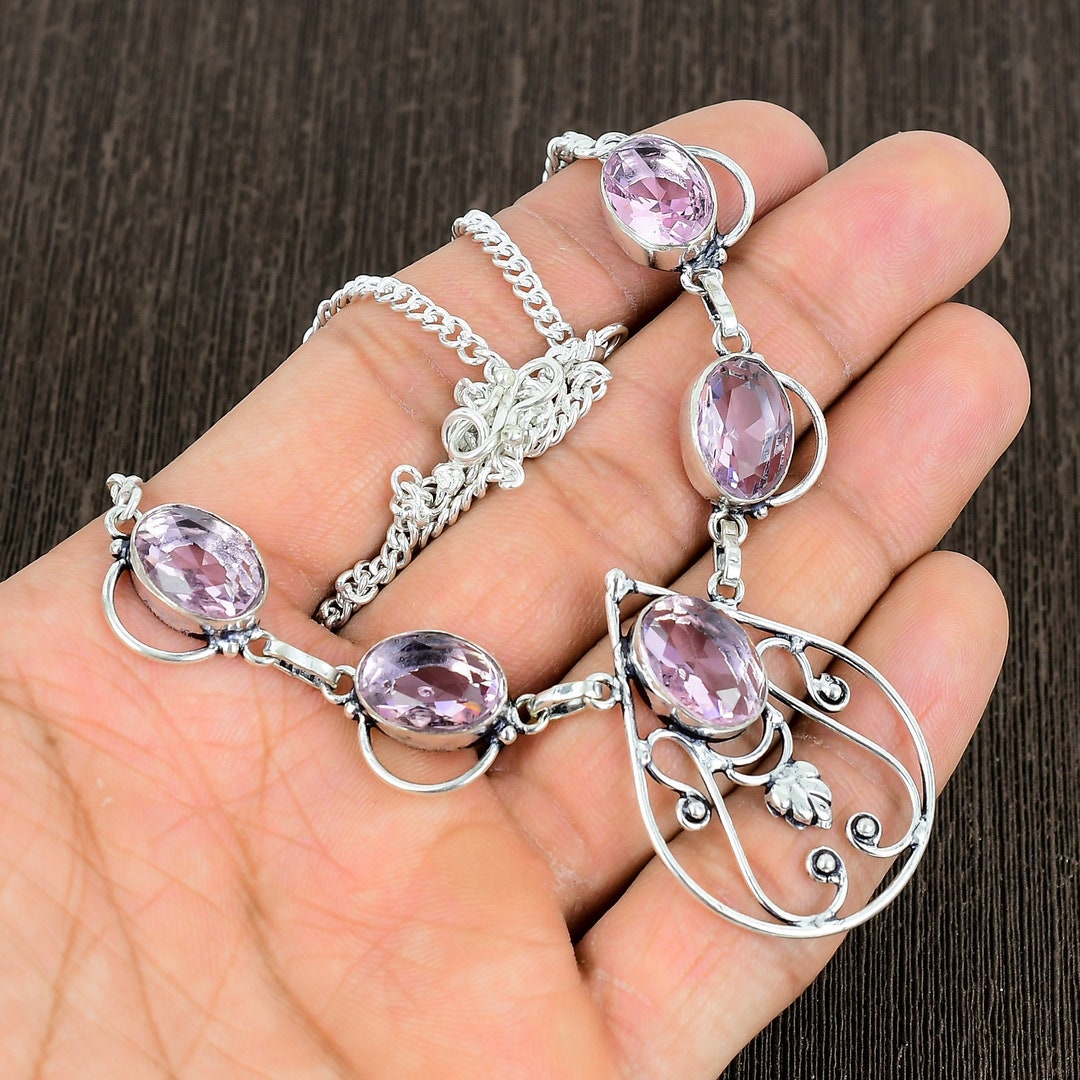 Collier En Argent 925 Avec Kunzite Rose - Pierre Précieuse, Délicat, Neuf Sans Emballage