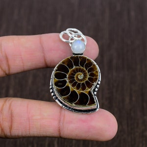 Ammonite Fossil Pendant: Sterling Silver Moonstone Evil Eye Jewelry