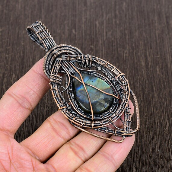 Ciondolo Artigianale In Rame Con Pietra Labradorite Naturale - Fatto A Mano (India)