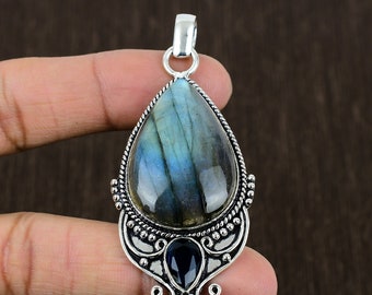 Pendentif labradorite multi-flash bleu tentant, pendentif en argent 925 sansonnet, bijoux bohèmes pendentifs en argent, cadeau pour mère, pendentif cadeau