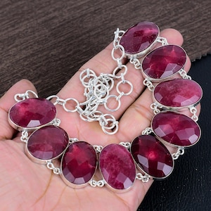Faceted Red Ruby Necklace, Solid 925 Starling Silver Necklace, Tribal Necklace Jewelry, Gift For Mom, Fine Jewelry, Birth Gift Necklace