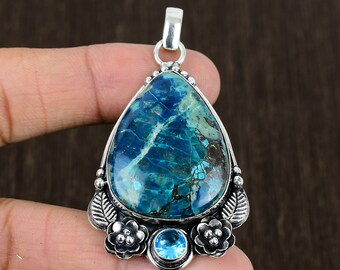 Pendentif chrysocolle, pendentif en argent massif 925 avec étourneau, pendentif fleur design 925, cadeau pour elle, bijoux fins faits main