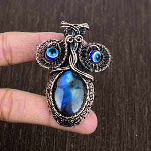 Handmade Copper Wire Wrap Labradorite Owl Pendant