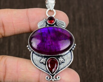 Purple Labradorite Pendant: Sterling Silver Tribal Jewelry