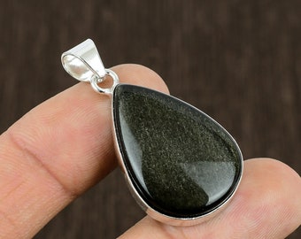 Pendentif en argent massif d'étourneau 925, Pendentif en pierres précieuses d'obsidienne brillante dorée, Bijoux pendentifs en argent, Cadeau pour les jeunes mariés, Bijoux fins