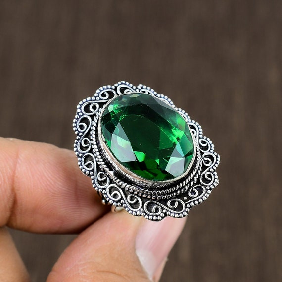 Faceted Emerald Ring: Oxidized 925 Sterling Silver Boho Statement