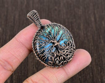 Regalo Amore Handmade Ciondolo In Rame Avvolto A Mano Con Pietra Labradorite - Gioiello Artigianale Regalo Pendente Bohemien In Rame E Pietra
