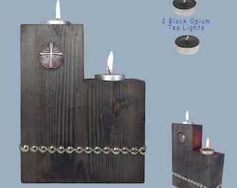 Tealight Holder Gothic Celtic Cross & Domed Studs FREE Black Opium Tealight Candles