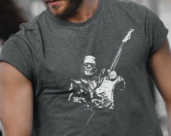 Frankenstein Guitar T Shirt Gift For Guitarist Mens Women Teen Electric Guitar Shirt Vintage Rock Shirt Graphic Bass Guitar Strap Pick Case