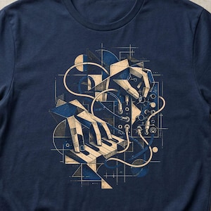 Può includere: T-shirt blu navy con un'illustrazione geometrica di mani che suonano una tastiera di pianoforte. Il design incorpora forme e linee geometriche blu, beige e bianche, creando un'estetica moderna e artistica. La maglietta è in materiale morbido.