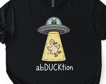 Funny Duck Alien Shirt | abDUCKtion Pun Tee | UFO Abduction T-Shirt | Cute Space Duck Gift | Sci-Fi Animal Meme Apparel