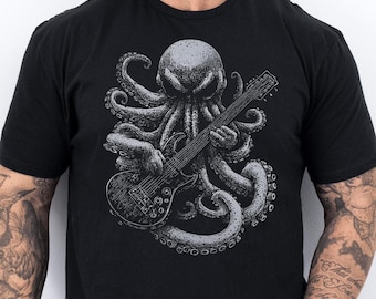 Octopus Playing Guitar Shirt, Guitar Kraken Tshirt, Music Tee, Funny Cthulhu Shirt Acoustic Electric Bass Player For Men Women Rock Band