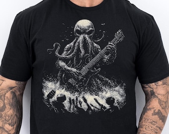 Octopus Playing Guitar Shirt, Guitar Kraken Tshirt, Music Tee, Funny Cthulhu Shirt Acoustic Electric Bass Player For Men Women Rock Band