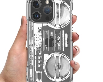 Custodia trasparente retrò vintage Ghettoblaster per iPhone, regali hip hop, musica rap anni '80 e '90, stereo portatile, regalo break dance B boy, vecchia scuola alla moda