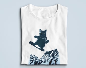 Cat Snowboard Shirt, Snowboard gift, Stencil Style Cat Snow Ski Tshirt, Funny Snowboarding T Shirt, Skiing Cat Fans, Outdoor Winter Sports