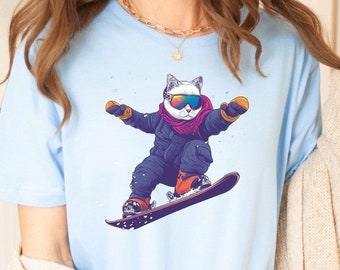 Cat Snowboard Shirt, Snowboard gift, Stencil Style Cat Snow Ski Tshirt, Funny Snowboarding T Shirt, Skiing Cat Fans, Outdoor Winter Sports