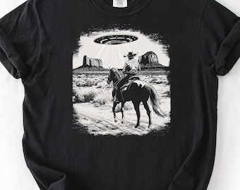 Western Cowboy UFO Shirt, Komfortfarben Cowboy Alien T-Shirt, Vintage 90er Jahre Meme Tshirt, lustiges Western T-Shirt, lustige Geschenkidee