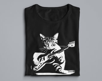 Koszulka z kotem grającym na gitarze, koszulka z gitarą Kitty, koszulka muzyczna, zabawna koszulka z gitarą akustyczny basista elektryczny dla mężczyzn i kobiet zespół rockowy