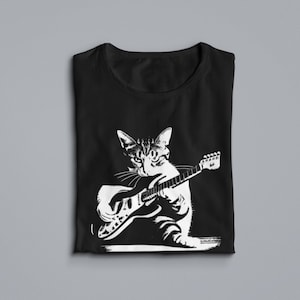 Katze spielt Gitarre Shirt, Gitarren-Kitty-T-Shirt, Musik-T-Stück, lustiges Gitarren-Shirt akustischer elektrischer Bassist für Männer-Frauen-Rock-Band