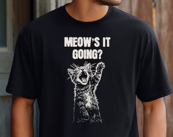 Meow's It Going Shirt, Funny Cat T Shirt Cute Cat Pun Tee For Men Women Kids Ladies Gift Cat Saying Tee Kitten Cat Mom Dad Retro Graphic