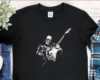 Frankenstein Guitar T Shirt Gift For Guitarist Mens Women Teen Electric Guitar Shirt Vintage Rock Shirt Graphic Bass Guitar Strap Pick Case
