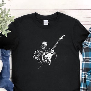 Maglietta per chitarra Frankenstein, regalo per chitarrista, uomo, donna, teenager, camicia per chitarra elettrica, camicia rock vintage, custodia per plettro con tracolla grafica per basso