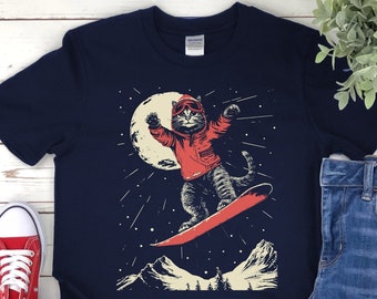Cat Snowboard Shirt, Snowboard gift, Stencil Style Cat Snow Ski Tshirt, Funny Snowboarding T Shirt, Skiing Cat Fans, Outdoor Winter Sports