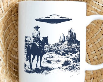 Western Cowboy UFO Ceramic Mug, Funny Coffee Cup, Meme Gift