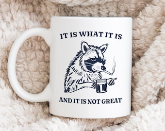 It Is What It Is And It Is Not Great Mug, Raccoon Meme Mug, Funny Vintage Drawing Coffee Cup, Mood Gifts, Funny Trash Panda Mug